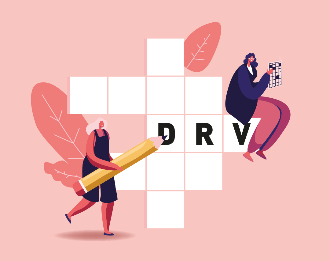 Illustration von zwei Personen mit Rätselraster: Eine Frau schreibt mit großem Bleistift, ein Mann sitzt mit Kalender – Buchstaben "DRV".
