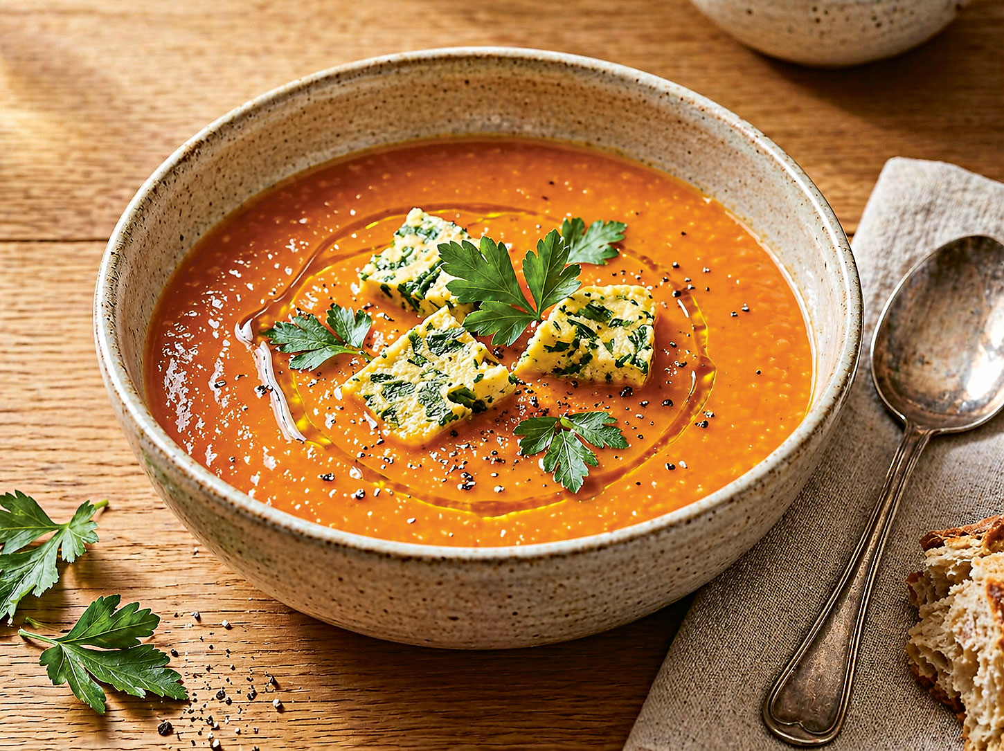 Schüssel mit cremiger orangefarbener Suppe auf einem Holztisch, garniert mit Eierstich, Petersilie, etwas Öl und Gewürzen; daneben liegt ein Löffel auf einer Serviette.